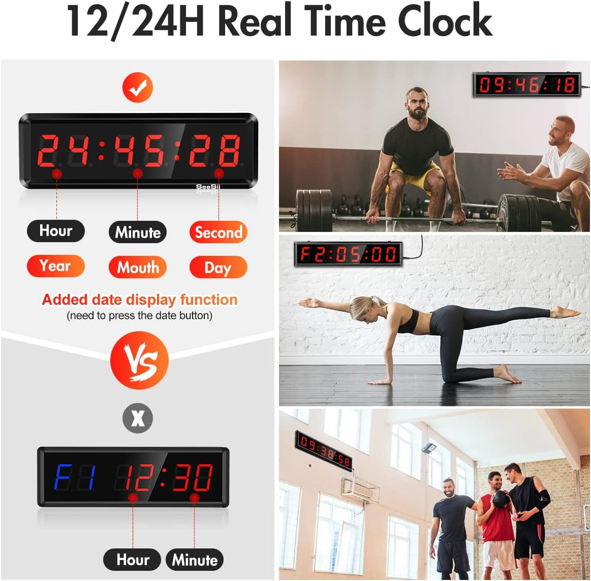 Gym Timer,Led Workout Colck Count Down/Up Clock,11.5" X 4" Ultra-Clear Digital Display, Power Bank Compatible with Workout Metal Stopwatch, Multi-Scenes with Remote (1.5 Inch Red)