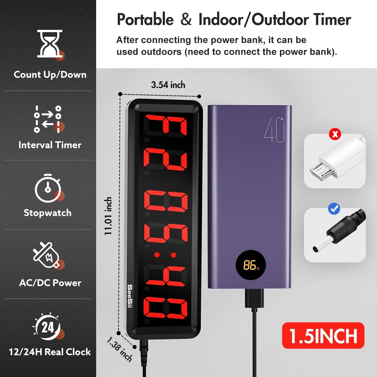 Gym Timer,Led Workout Colck Count Down/Up Clock,11.5" X 4" Ultra-Clear Digital Display, Power Bank Compatible with Workout Metal Stopwatch, Multi-Scenes with Remote (1.5 Inch Red)