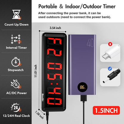 Gym Timer,Led Workout Colck Count Down/Up Clock,11.5" X 4" Ultra-Clear Digital Display, Power Bank Compatible with Workout Metal Stopwatch, Multi-Scenes with Remote (1.5 Inch Red)